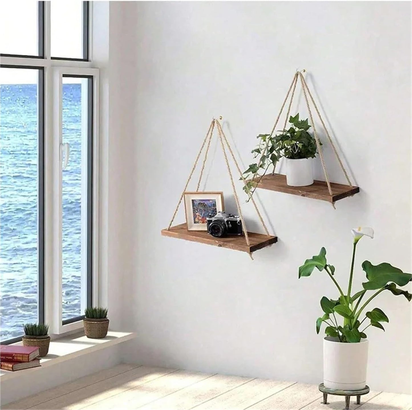 1 PC Hanging Wooden Rope Shelf – Wall Mounted Plant & Storage Display Rack