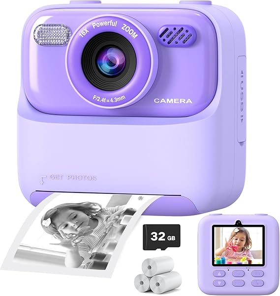 Kids Instant Print Camera 1080P HD Selfie Digital Camera with Video – Fun Christmas & Birthday Gift for Boys & Girls - Purple