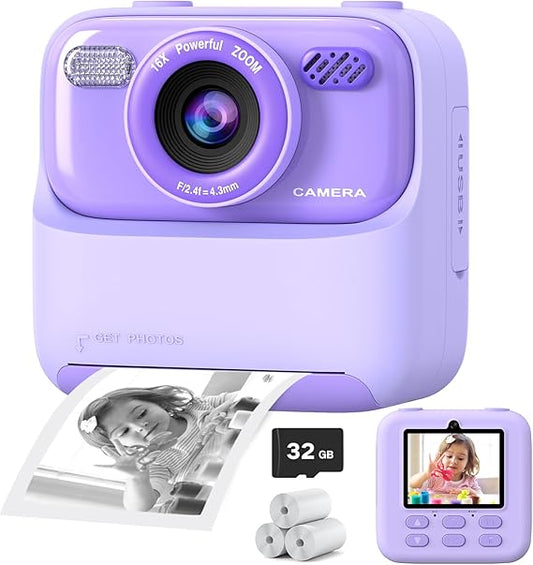 Kids Instant Print Camera 1080P HD Selfie Digital Camera with Video – Fun Christmas & Birthday Gift for Boys & Girls - Purple