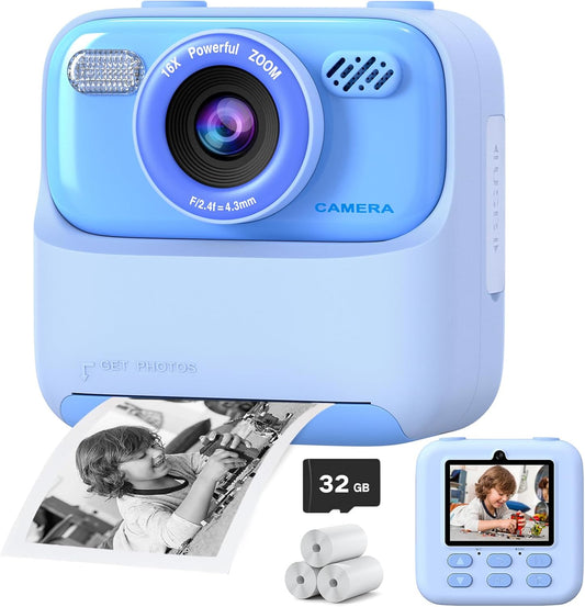 Kids Instant Print Camera 1080P HD Selfie Digital Camera with Video – Fun Christmas & Birthday Gift for Boys & Girls - Blue