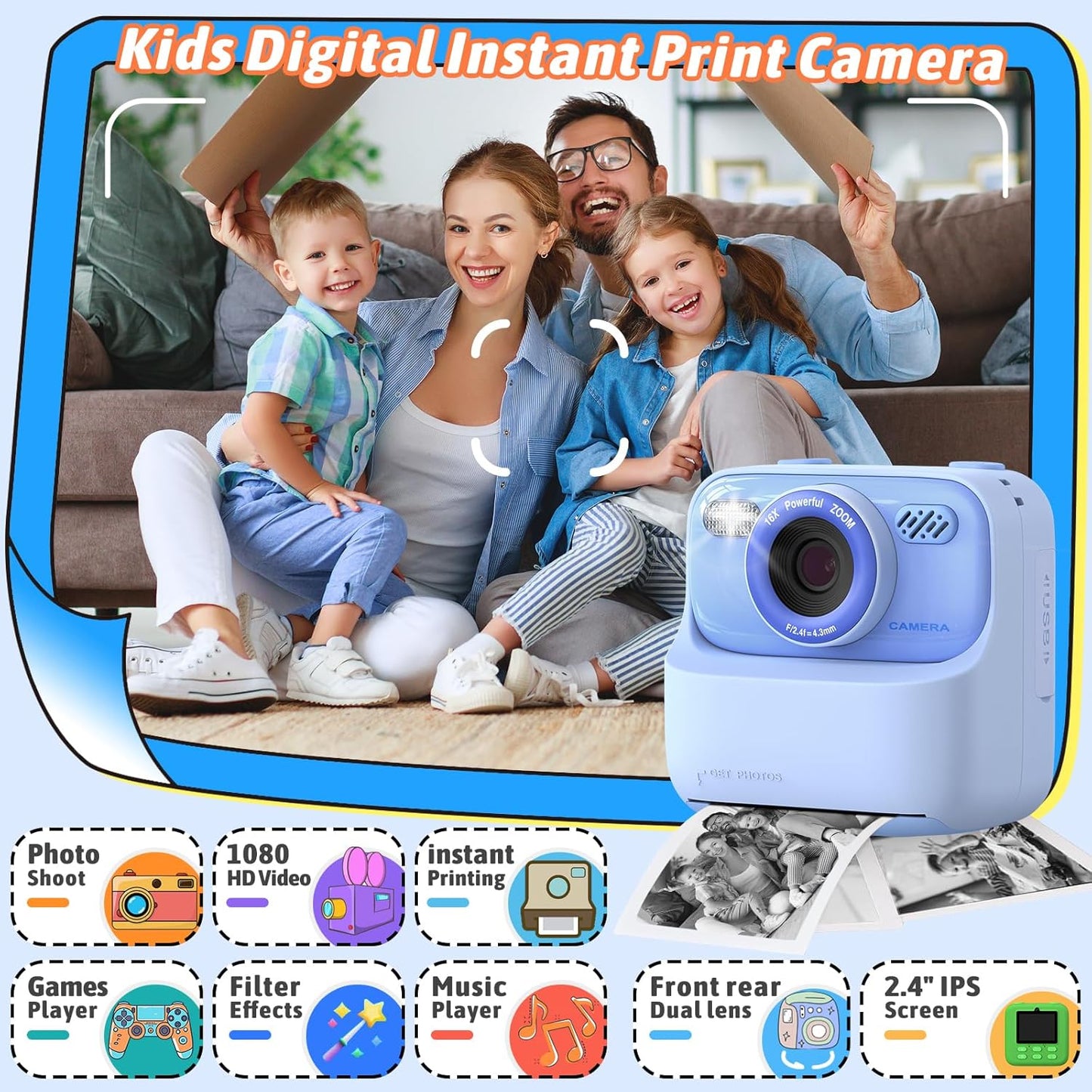 Kids Instant Print Camera 1080P HD Selfie Digital Camera with Video – Fun Christmas & Birthday Gift for Boys & Girls - Blue