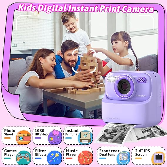 Kids Instant Print Camera 1080P HD Selfie Digital Camera with Video – Fun Christmas & Birthday Gift for Boys & Girls - Purple