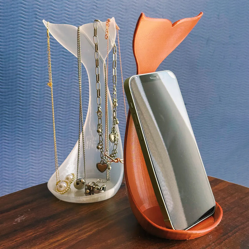 3D printed fishtail jewelry stand, single piece, white silk.