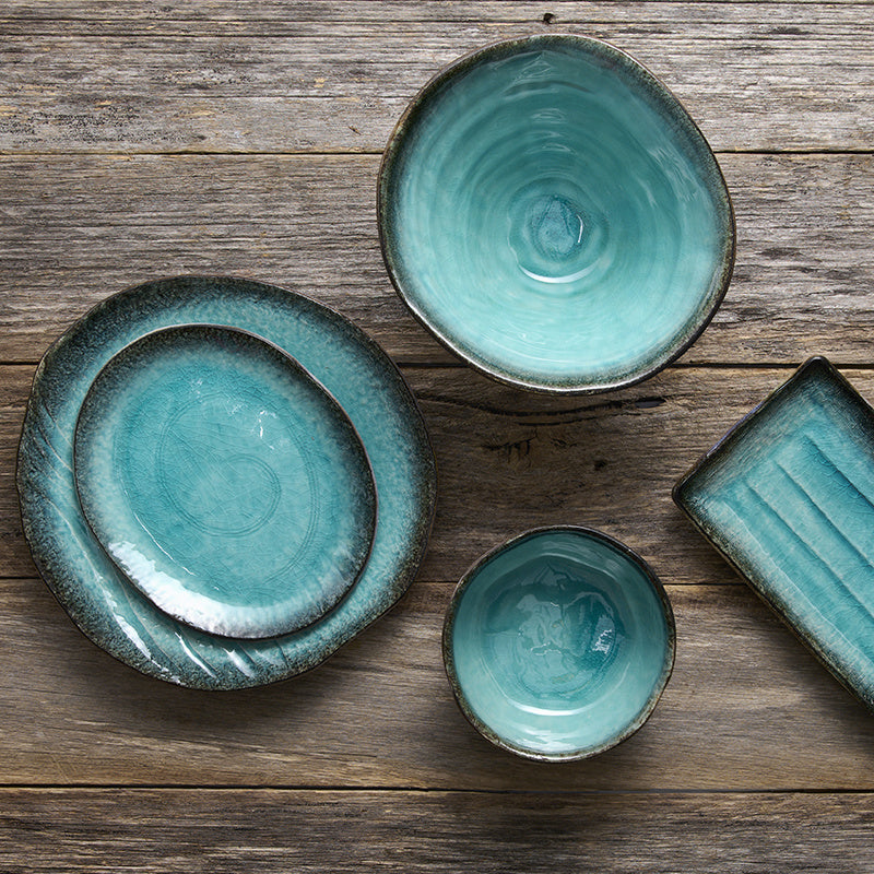 Bowl Shallow Leaf Shape 25cm Sky Blue Glaze