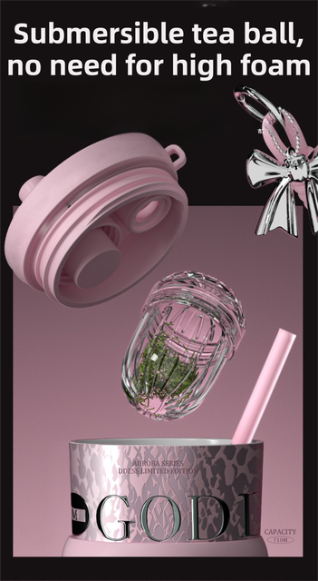 710ML Pink Luxury Gradient Textured Aurora Starry Night Insulated Travel Mug (Bow Pendant Gift Box) – Ceramic Liner Car Coffee Tumbler with Pop-Up Straw Dual Lid, Sinking Tea Infuser Ball and Cup Sleeve